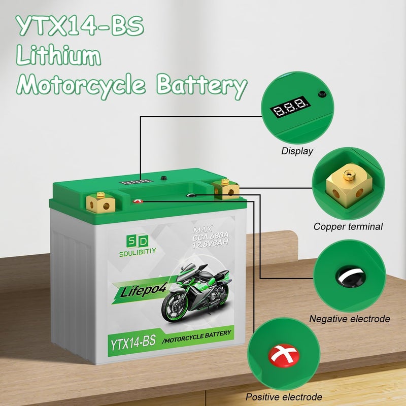 SDULIBITIY بطارية دراجة نارية ليثيوم LiFePO4 YTX14-BS 12.8V 8Ah 680CCA بطارية رياضية للدراجات النارية، متوافقة مع ATV، UTV، جت سكي، بطارية مولد، 4 عجلات - Image 2